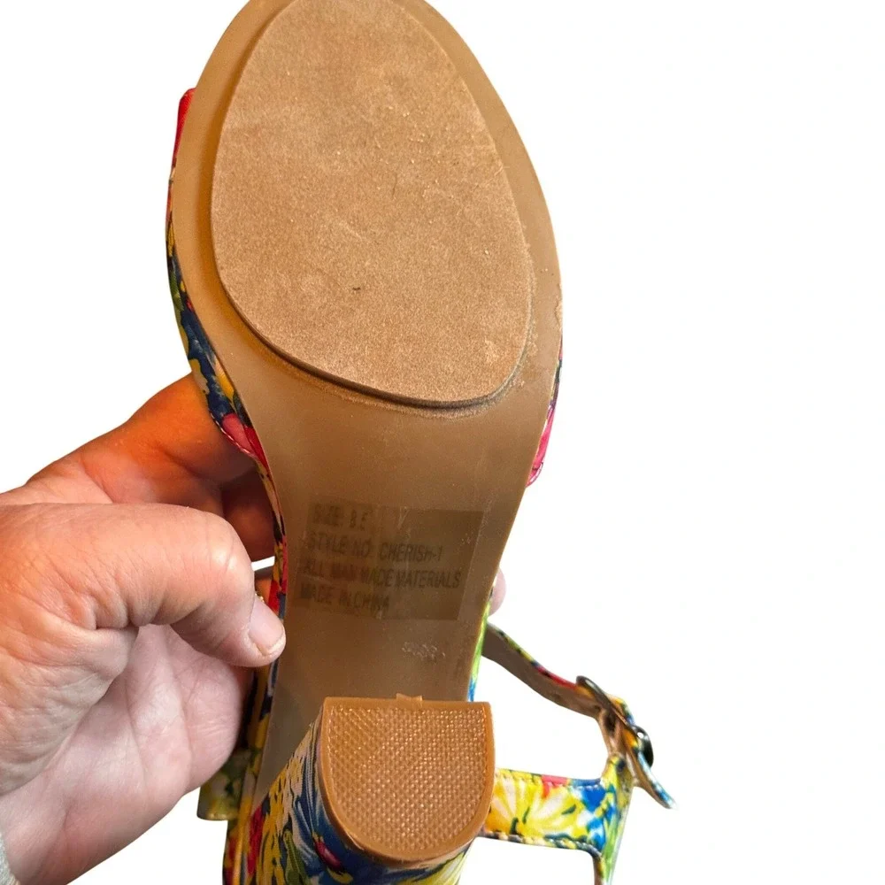 C. Labelle Floral Block Heel Sandals 8.5‎ Multicolor Platform Ankle Strap Retro